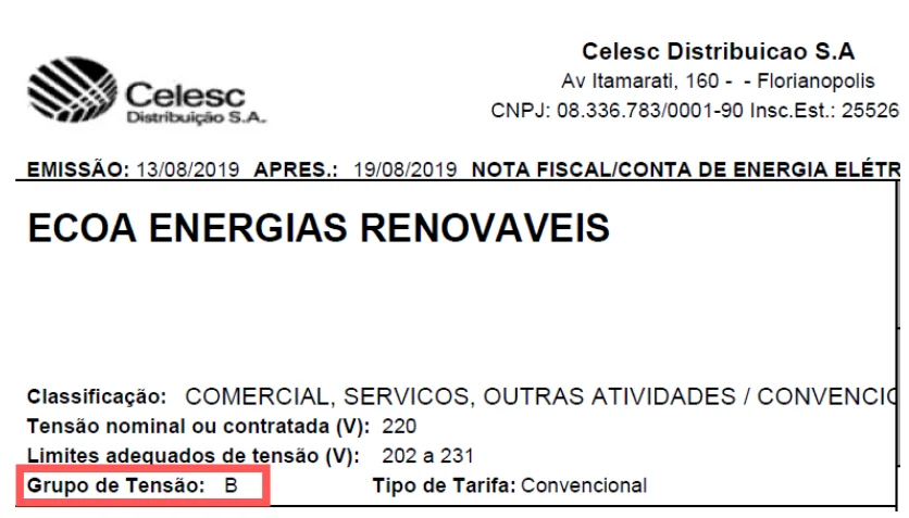 Grupo de tensão da fatura de energia.